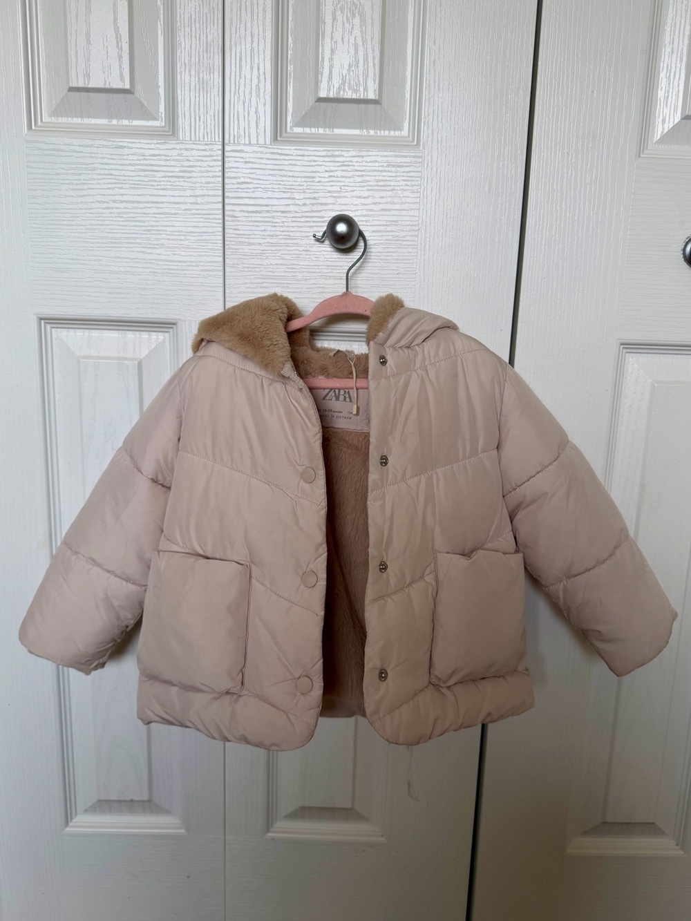 Zara Kids Light Beige Puffer Jacket with Faux-Fur Hood